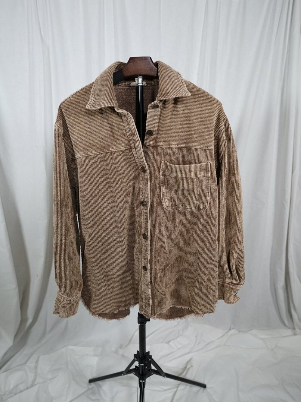 La Miel Brown /Tan Corduroy Shacket Oversized Frayed Hem Button Front Small